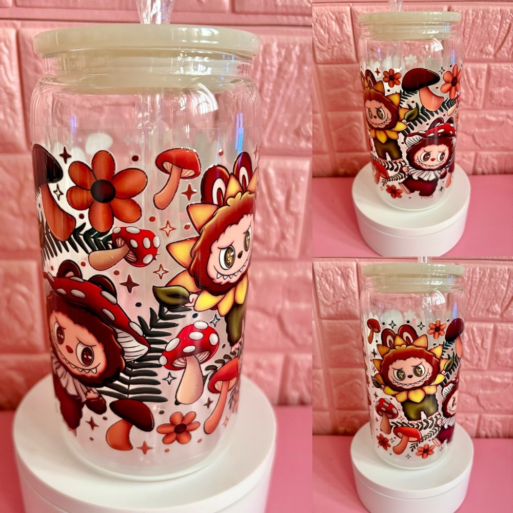 Cute Character Glass Tumbler with Straw labubu